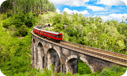 Scenic view of a red train crossing the Nine Arch Bridge in lush Sri Lankan highlands