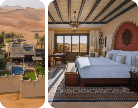 Luxury desert resort surrounded by rolling dunes at Qasr Al Sarab by Anantara.