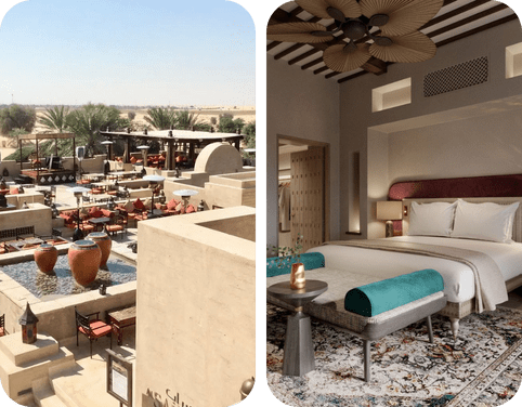 Luxurious Bab Al Shams desert resort room and outdoor dining in Dubai."