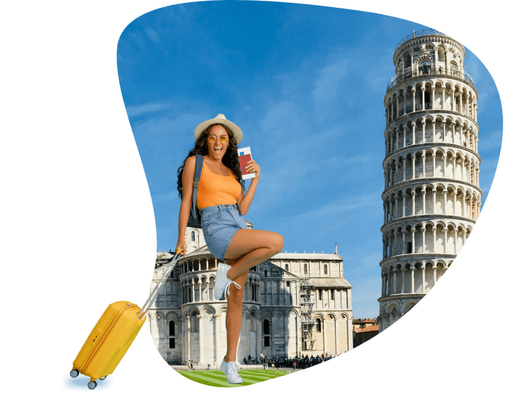 Joyful traveler with the Leaning Tower of Pisa in the background, ready for new adventures.